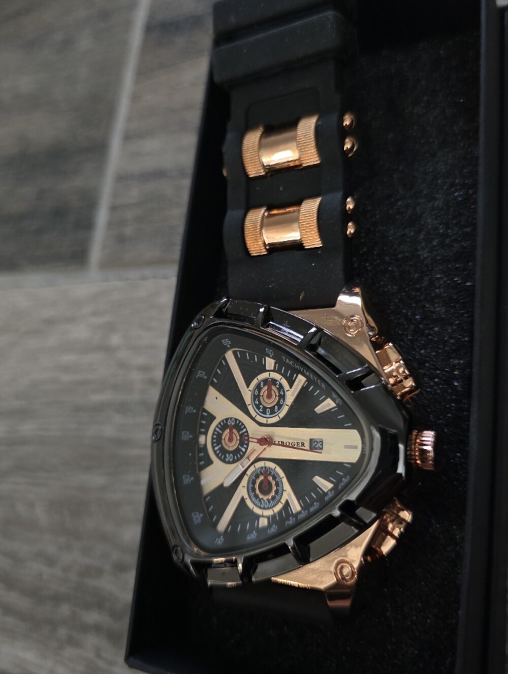 59. Triangular Chronograph Watch in Black and Rose Gold